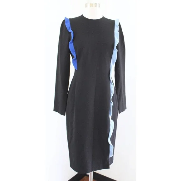 Black Halo | Dresses | Black Halo Womens Black Blue Ruffle Trim Long Sleeve  Sheath Dress Size 6 Career | Poshmark